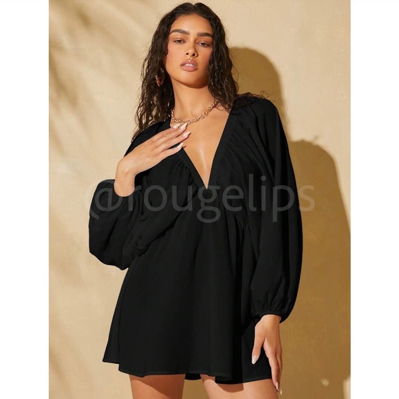 Black Boho Mini Dress Frill Batwing Bishop Sleeve Deep V Neck Flared - Picture 4 of 6